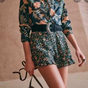 Sezane Navy Floral High-Waist Shorts